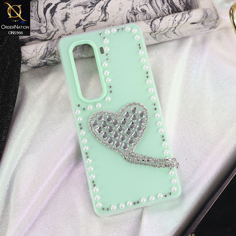 Infinix Hot 50 Pro Plus Cover - Sea green -  Stuninng Pearls And Heart Shaped RhineStones Hard Case With Double Protective Layers