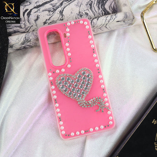 Infinix Hot 50 Pro Plus Cover - Pink -  Stuninng Pearls And Heart Shaped RhineStones Hard Case With Double Protective Layers