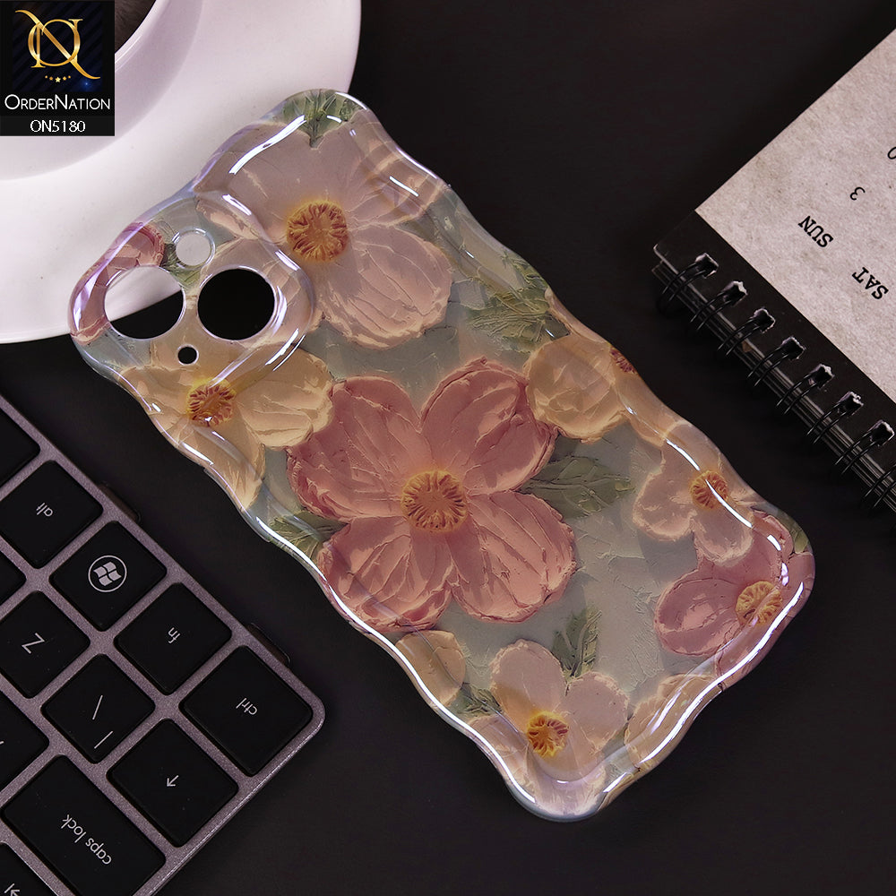 iPhone 15 Cover - Design 3 - New Holographic Shine Oil Painting Flowers Design Curvy Borders Protective Case