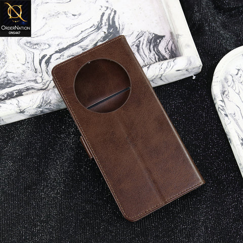 Oppo Reno 12F Cover - Dark Brown - Premium Leather Megantic Flip Book Covers With Card Holding Option