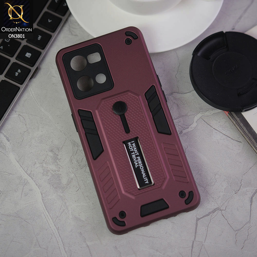 Oppo Reno 7 4G Cover - Burgundy - Hybrid Stylish Slide Finger Grip With Metal Kickstand Soft Borders Case