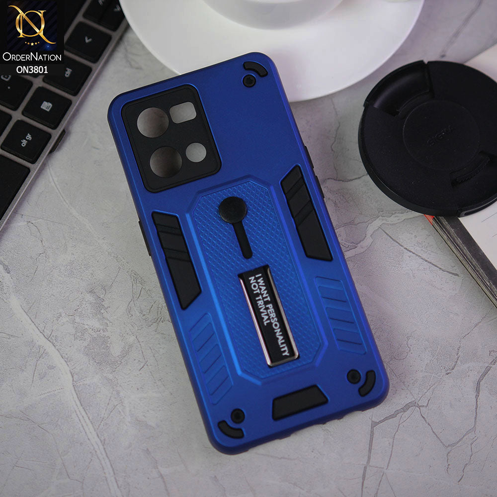 Oppo F21 Pro 4G Cover - Blue - Hybrid Stylish Slide Finger Grip With Metal Kickstand Soft Borders Case
