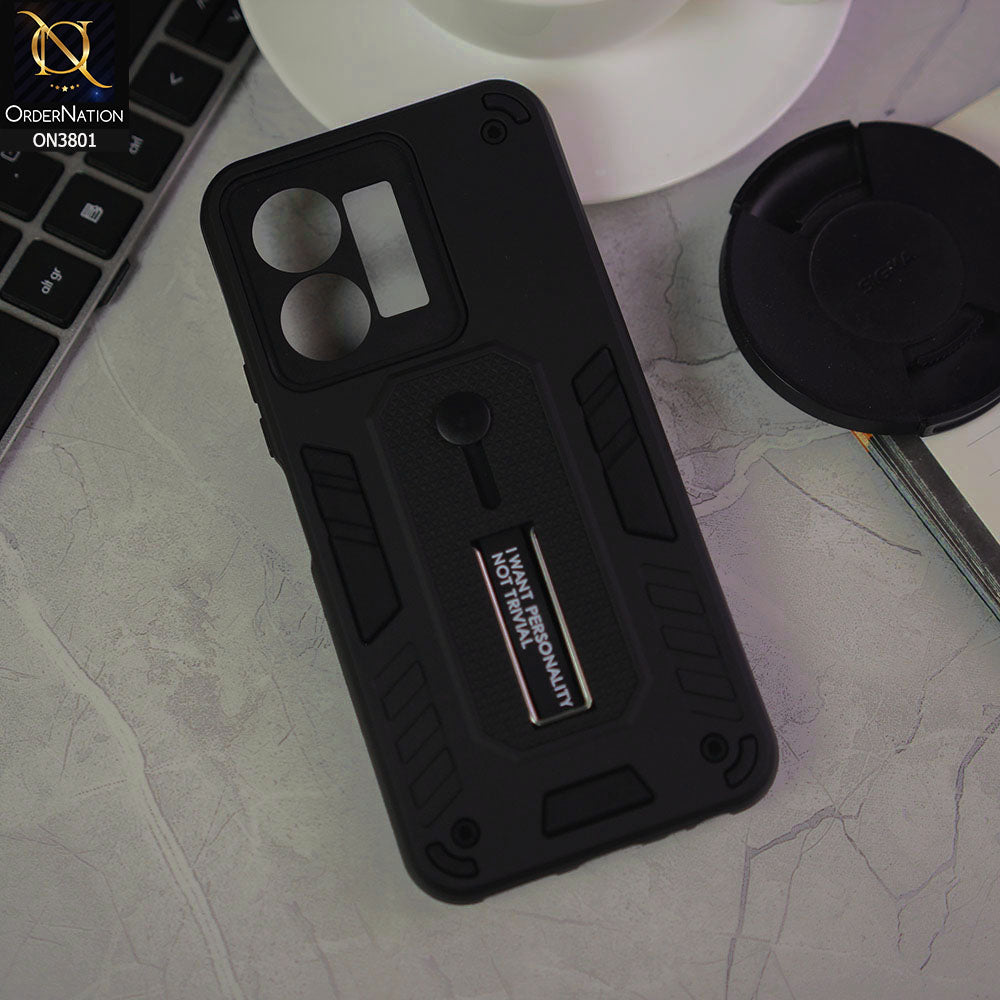 Vivo Y22s Cover - Black - Hybrid Stylish Slide Finger Grip With Metal Kickstand Soft Borders Case