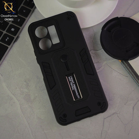 Vivo Y22s Cover - Black - Hybrid Stylish Slide Finger Grip With Metal Kickstand Soft Borders Case