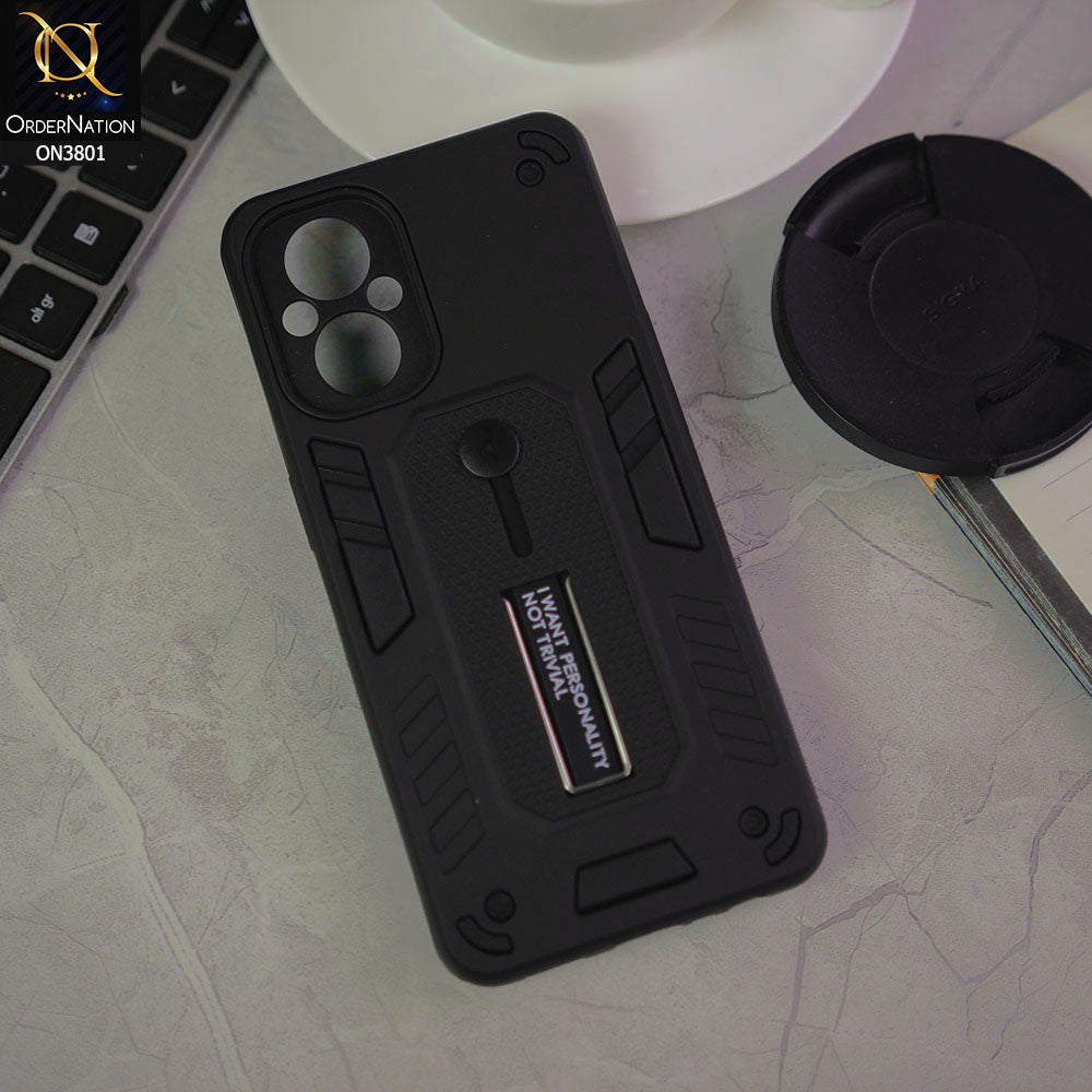 Oppo Reno7 Z 5G Cover - Black - Hybrid Stylish Slide Finger Grip With Metal Kickstand Soft Borders Case