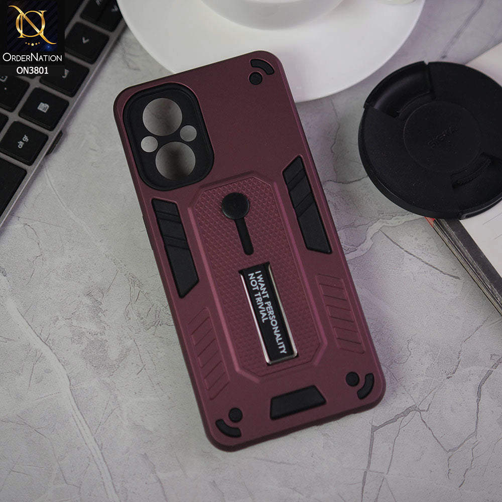Oppo Reno 7 Lite Cover - Burgundy - Hybrid Stylish Slide Finger Grip With Metal Kickstand Soft Borders Case