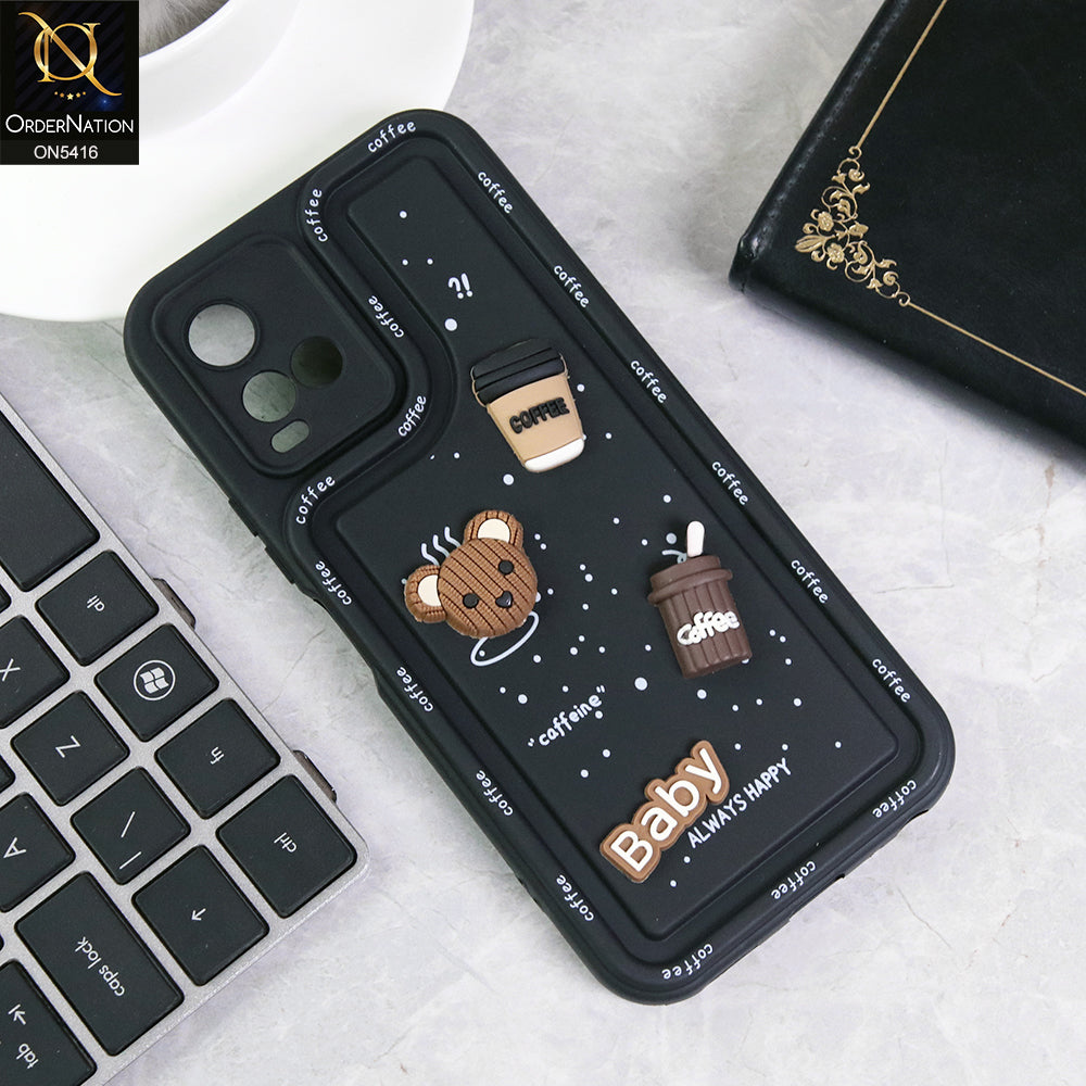 Vivo Y21t Cover - Black - Cute 3D Cartoon Coffee Soft Silicon Case With Camera Protection