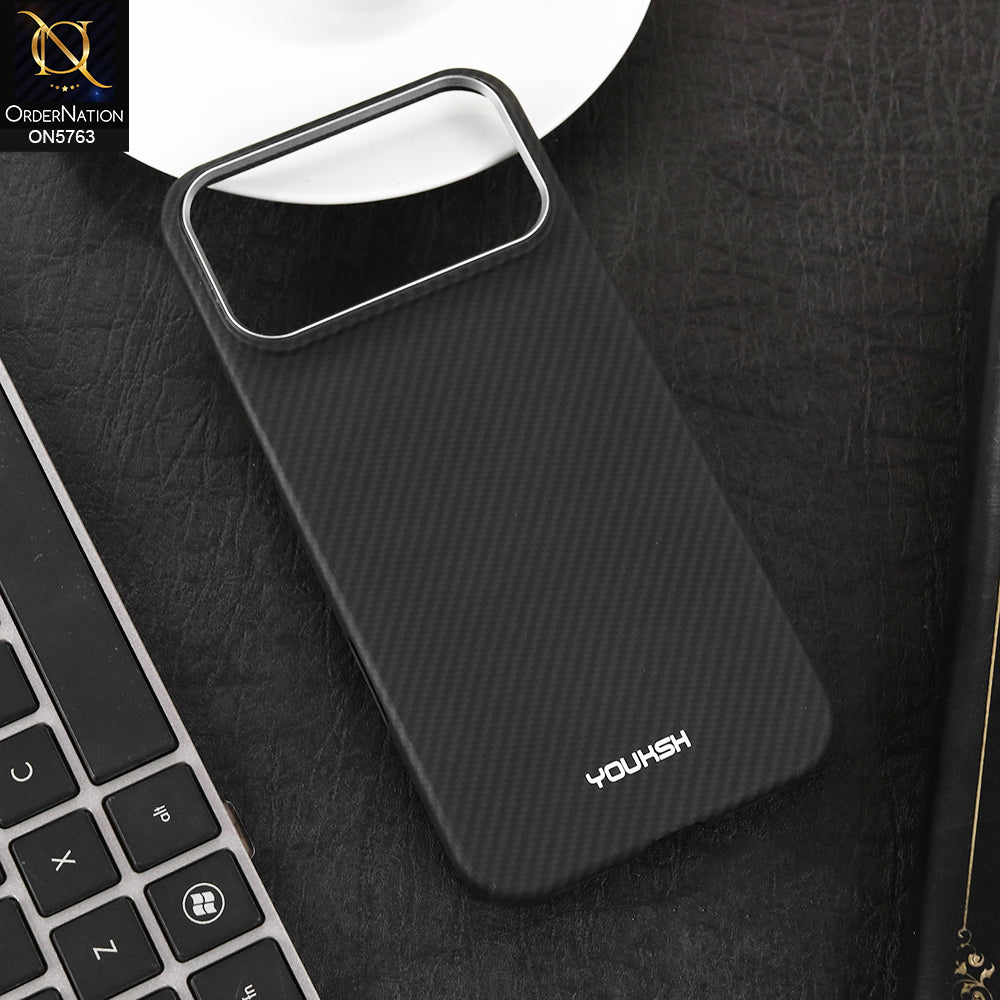 iPhone 17 Pro Max Cover - Black - New Youksh Premium Carbon Fiber Texture Case With Metal Camera Ring B-Pair