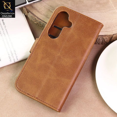 Samsung Galaxy S25 Cover - Light Brown - Premium Business Series Magnetic Leather Wallet Flip book Card Slots Soft Case