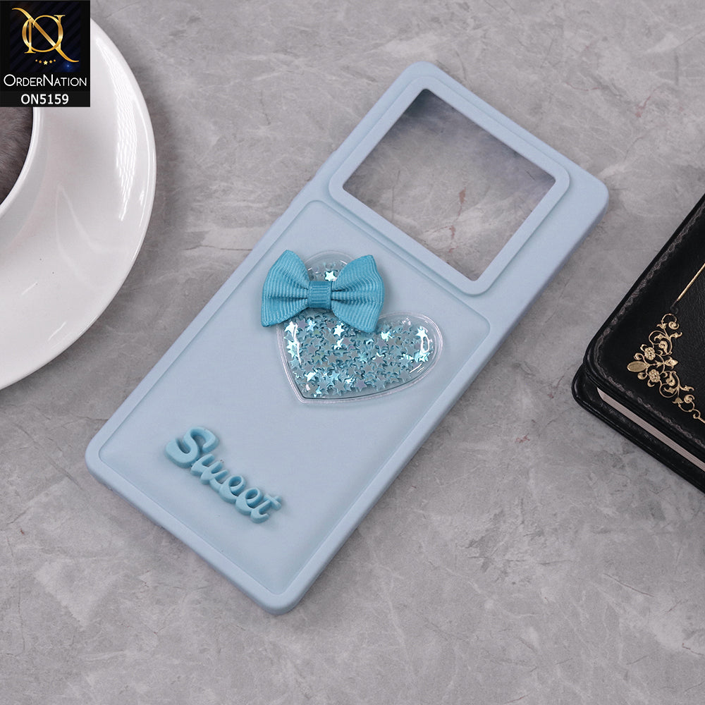 Infinix Note 40 Pro Plus Cover - Blue - New Trendy 3D Love Heart (Moving Shiny Stars Glitter) & Bow Candy Color Soft Silicon Case