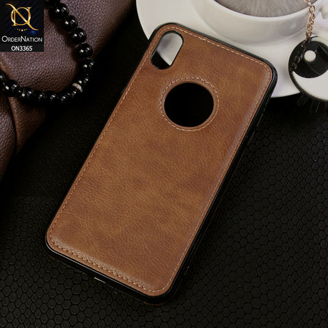 iPhone XS Max Cover - Brown - Vintage Luxury Business Style TPU Leather Stitching Logo Hole Soft Case