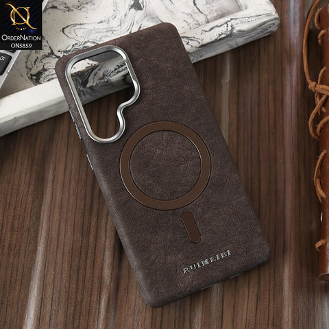 Samsung Galaxy S25 Ultra Cover - Coffee - New Luxury Matte Leather Rimbmax Magnetic MagSafe Wireless Charging Soft Case