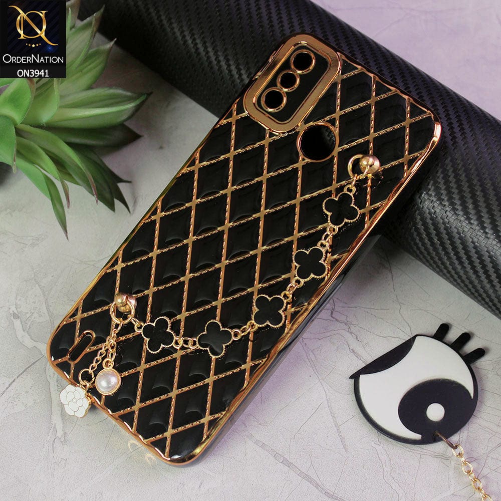 Tecno Spark 6 Go Cover - Black -  Soft TPU Shiny Electroplated Golden Lines Camera Protection Case With Flower Chain Holder