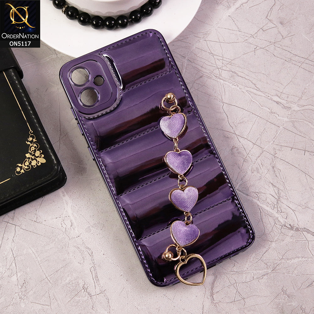 Samsung Galaxy A05 Cover - Purple - Cute Trendy Color Electroplating Stitched Coushion Style Soft Case with Loce Heart Chain Holder