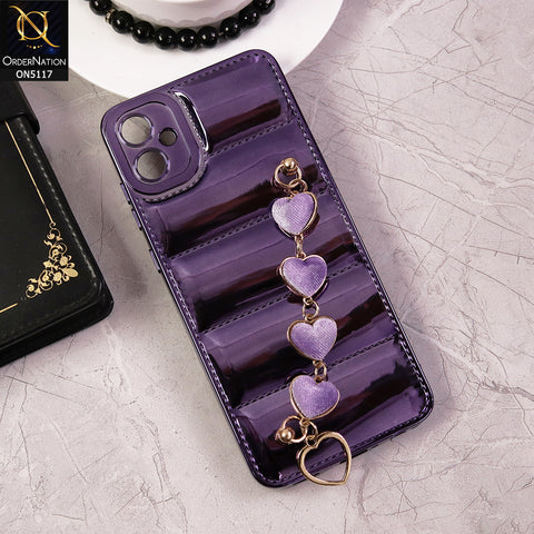 Samsung Galaxy A05 Cover - Purple - Cute Trendy Color Electroplating Stitched Coushion Style Soft Case with Loce Heart Chain Holder