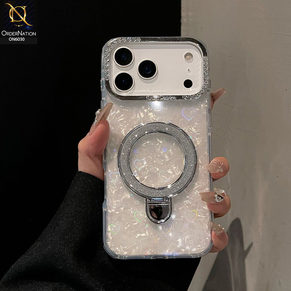 iPhone 18 Pro Max Cover - White  - Luxury Round Edged Shell, Diamond Inlaid Magnetic Stand Holder, Shockproof Anti-Slip Protective Rear Cover