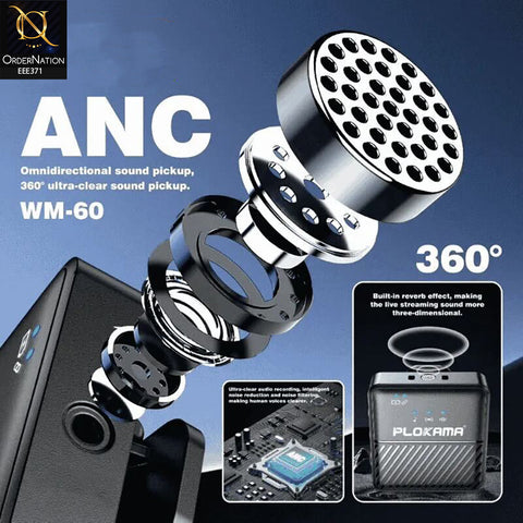 PLOKAMA WM-60 Wireless Mic ANC Noise Cancelling Handheld + Clip-On for iPhone Android Vlogging