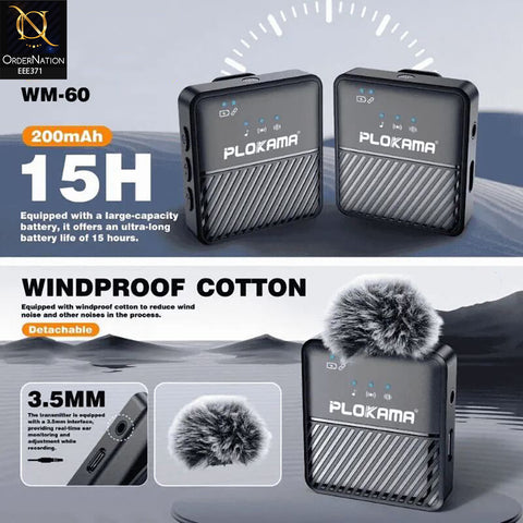 PLOKAMA WM-60 Wireless Mic ANC Noise Cancelling Handheld + Clip-On for iPhone Android Vlogging