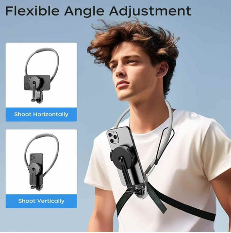 Magnetic Neck Mount Phone Holder – Hands-Free POV Vlog Selfie Stand, Flexible Neck Cell Phone Holder with Chest Strap for Video Recording, Compatible with iPhone & Android