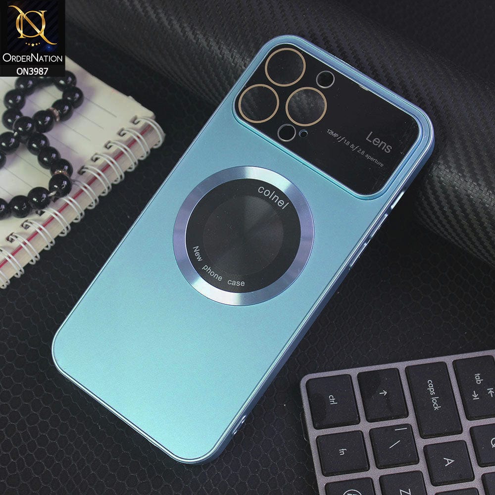 iPhone 13 Pro Max Cover - Blue - Extreme Quality Pretective Series Logo Hole Mettalic Body Camera Lense Protection Case