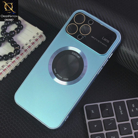 iPhone 13 Pro Max Cover - Blue - Extreme Quality Pretective Series Logo Hole Mettalic Body Camera Lense Protection Case