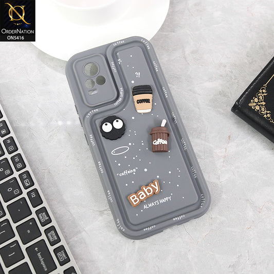 Vivo V21e Cover - Gray - Cute 3D Cartoon Coffee Soft Silicon Case With Camera Protection