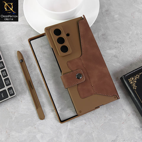 Samsung Galaxy Z Fold 7 Cover - Brown- New Premium Quality Luxury  Flip Card Slot Leapther Phone Case Magnetic Snap Fastener Bracket Shockproof Protective Cover