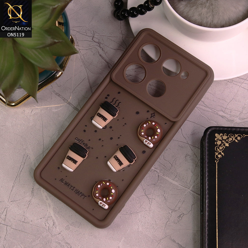Infinix Note 40 Pro Cover - Brown - D1 - Cute 3D Donut Coffee Soft Silicon Case with Camera Protection