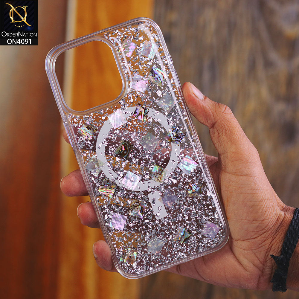 iPhone 15 Pro Max - White - Mag Flash Wireless Charging Glitter Shockproof Soft case