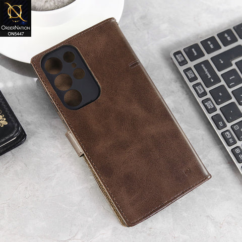 Samsung Galaxy S22 Ultra Cover - Dark Brown -  Premium Leather Megantic Flip Book Covers With Card Holding Option