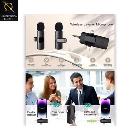 K15 2-in-1 Wireless Lavalier Microphone with Dual Clip-On Mics, USB-C & Lightning Receiver, 3.5mm Audio Jack, Noise Reduction for Vlogging, Interviews, YouTube & Live Streaming