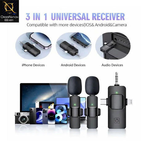 K15 2-in-1 Wireless Lavalier Microphone with Dual Clip-On Mics, USB-C & Lightning Receiver, 3.5mm Audio Jack, Noise Reduction for Vlogging, Interviews, YouTube & Live Streaming