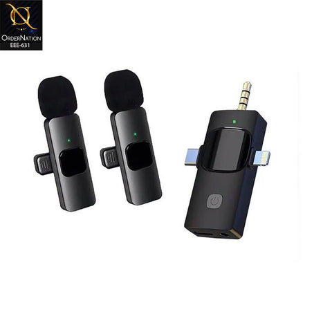 K15 2-in-1 Wireless Lavalier Microphone with Dual Clip-On Mics, USB-C & Lightning Receiver, 3.5mm Audio Jack, Noise Reduction for Vlogging, Interviews, YouTube & Live Streaming