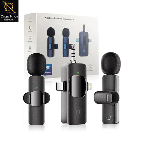 K15 2-in-1 Wireless Lavalier Microphone with Dual Clip-On Mics, USB-C & Lightning Receiver, 3.5mm Audio Jack, Noise Reduction for Vlogging, Interviews, YouTube & Live Streaming
