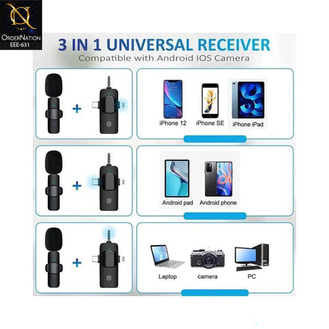 K15 2-in-1 Wireless Lavalier Microphone with Dual Clip-On Mics, USB-C & Lightning Receiver, 3.5mm Audio Jack, Noise Reduction for Vlogging, Interviews, YouTube & Live Streaming