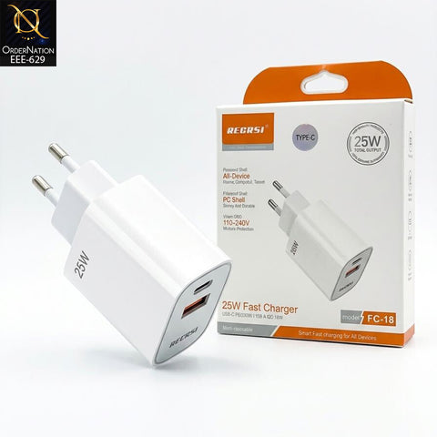 RECRSI FC-18 25W Fast Wall Charger – Dual USB Type-C & USB-A Ports, Universal Mobile Charging Adapter, EU Plug