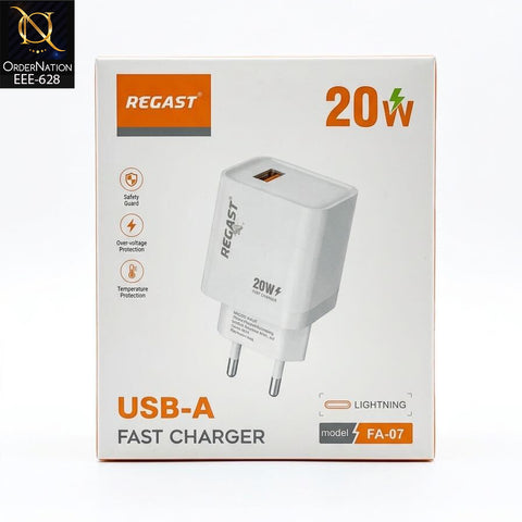 REGAST FA-07 20W Fast Charger with USB-A Port, Lightning Cable, Safety Protection & 2-Pin Wall Adapter for iPhone & iPad