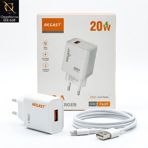 REGAST FA-07 20W Fast Charger with USB-A Port, Lightning Cable, Safety Protection & 2-Pin Wall Adapter for iPhone & iPad