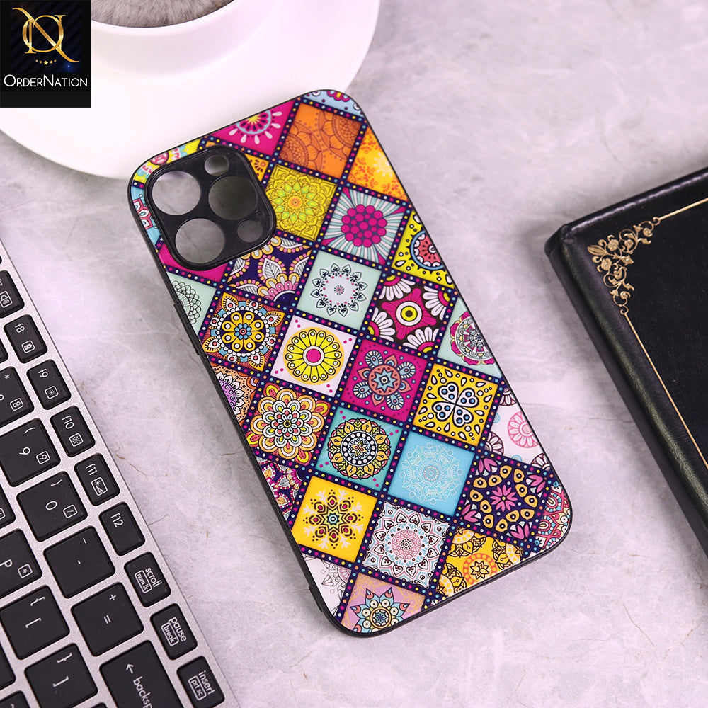 iPhone 12 Pro Max Cover - Colourfull Retro Design - New Shiny Toughened Glass Soft Borders Case