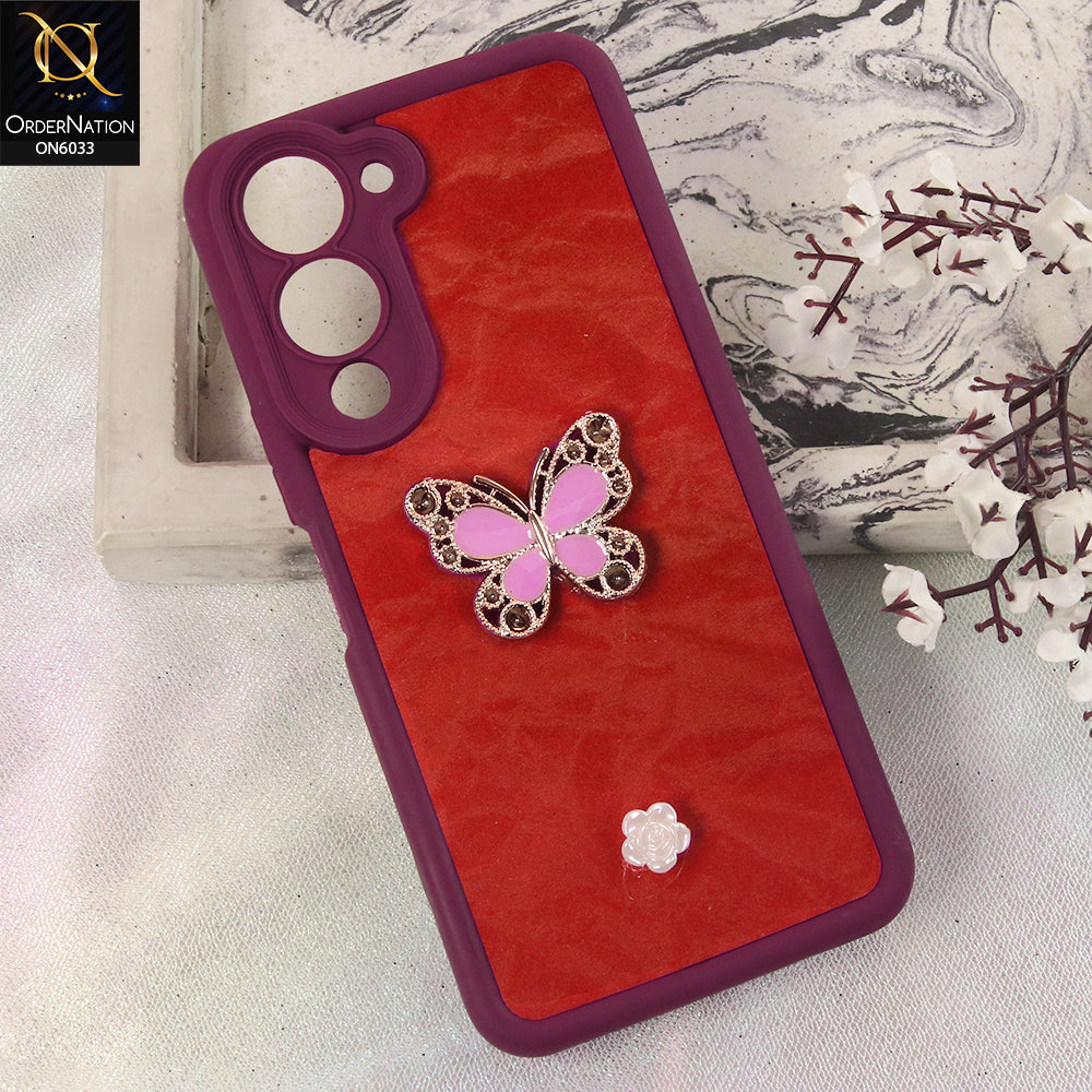 Vivo Y19 Cover  - Maroon - Elegant 3D Rhinestone Butterfly Premium Phone Cover