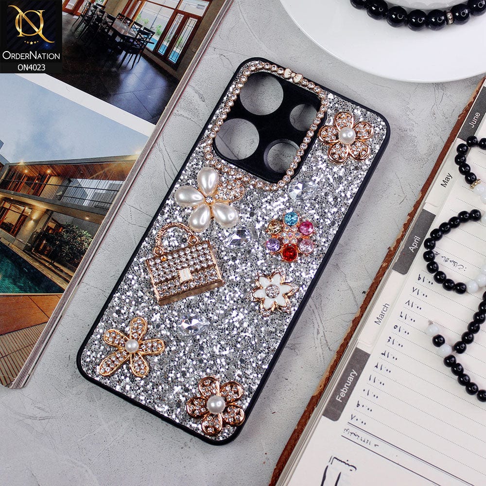 Tecno Spark Go 2023 Cover - Silver - New Bling Bling Sparkle 3D Flowers Shiny Glitter Texture Protective Case
