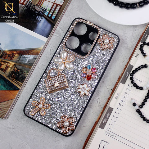Tecno Spark Go 2023 Cover - Silver - New Bling Bling Sparkle 3D Flowers Shiny Glitter Texture Protective Case