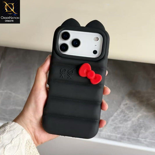 iPhone 17 Pro Max Cover - Black - Quilted Texture Mobile Case with 3D Bow and Ear Details