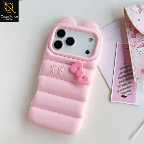 iPhone 17 Pro Max Cover - Pink - Quilted Texture Mobile Case with 3D Bow and Ear Details