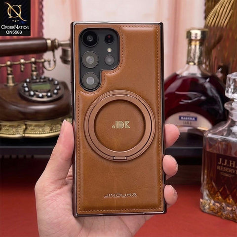 Samsung Galaxy S25 Ultra - Brown - New Jinduka Premium Leather Case With Metal Kick Stand And Mage Safe