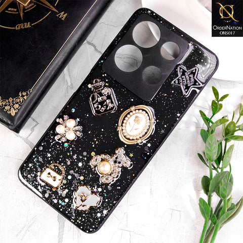 Infinix Note 30 Cover - Black -  New Bling Bling Sparkle 3D Flowers Shiny Glitter Texture Protective Case