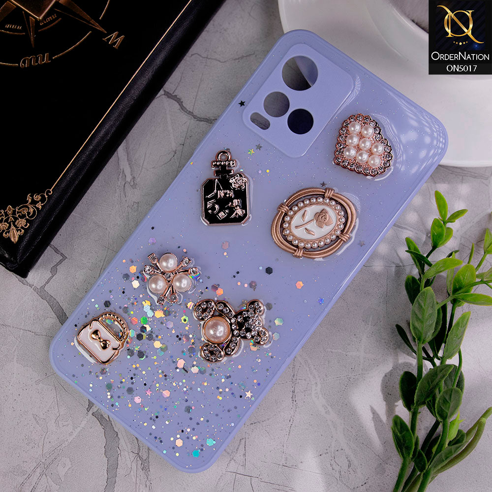 Vivo Y33s Cover - Purple -  New Bling Bling Sparkle 3D Flowers Shiny Glitter Texture Protective Case