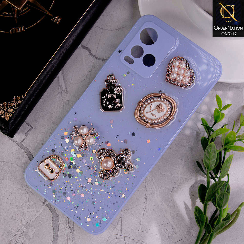 Vivo Y21s Cover - Purple -  New Bling Bling Sparkle 3D Flowers Shiny Glitter Texture Protective Case