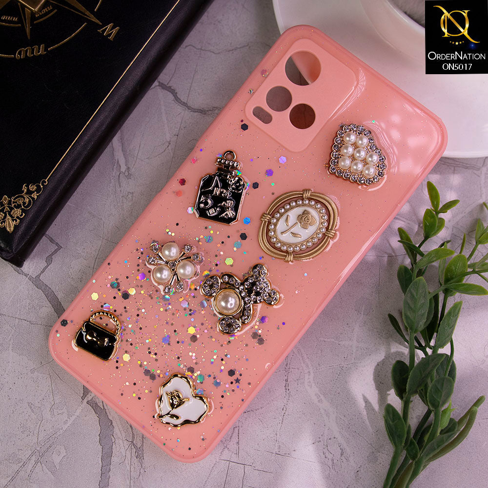 Vivo Y33s Cover - Light Pink -  New Bling Bling Sparkle 3D Flowers Shiny Glitter Texture Protective Case