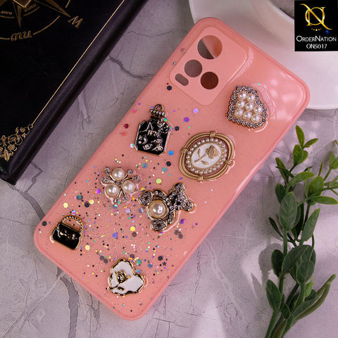 Vivo Y33s Cover - Light Pink -  New Bling Bling Sparkle 3D Flowers Shiny Glitter Texture Protective Case